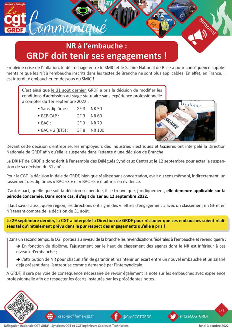 NR à l embauche GRDF doit tenir ses engagements CSEC GRDF